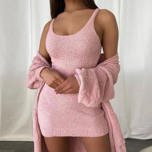 Women Solid Color Plush Slip Dress And Long Sleeve Coat Casual Knitted Two Piece Set
