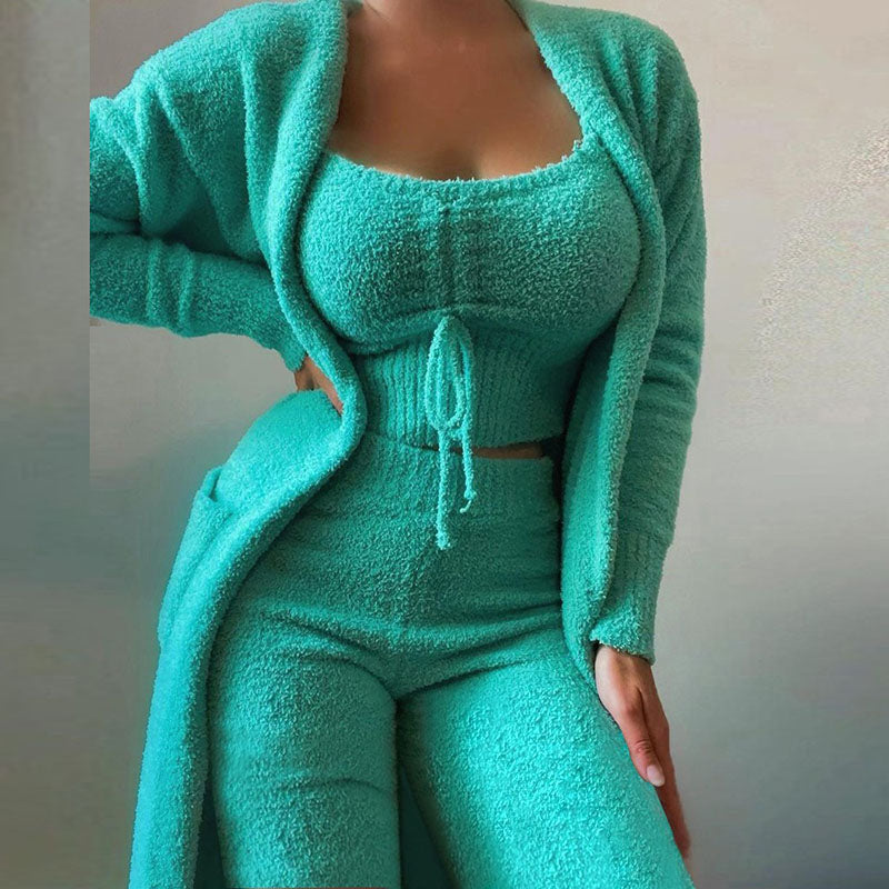 Conjunto de tres piezas de punto informal para mujer, camiseta sin mangas de felpa de color liso de invierno, pantalones y abrigo con cintura elástica