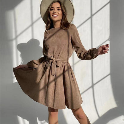 Vestido midi elegante de manga larga, liso, informal, de longitud media, con lazo para mujer