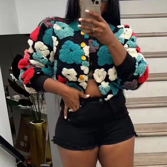 Chaqueta informal de manga larga con botones y diseño floral para mujer