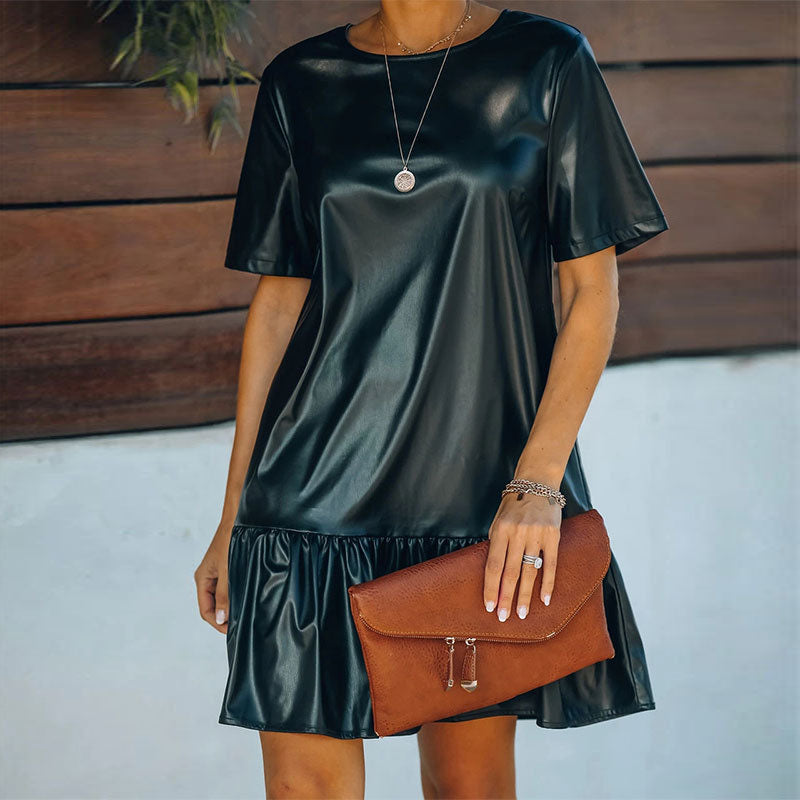 Spring Ruffle Loose Patent Leather Casual Women Solid Pu Dress