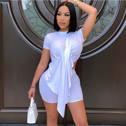 Women Casual Solid Color Short Sleeve Ruffled Crop Top And Shorts Set