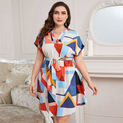 Plus Size Women High Waist Summer Color Blocking Geometry Print Short Sleeve Casual Dress