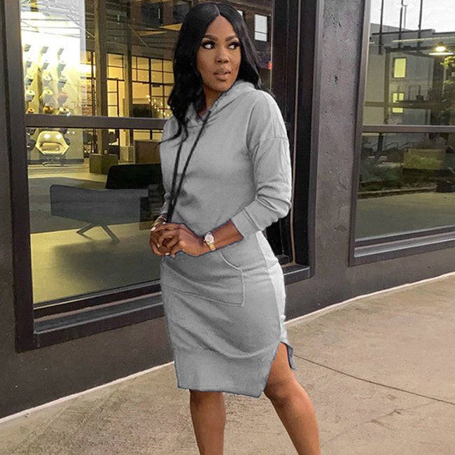 Winter Women Fashion Casual Athleisure Solid Color Long-Sleeved Sweatdress
