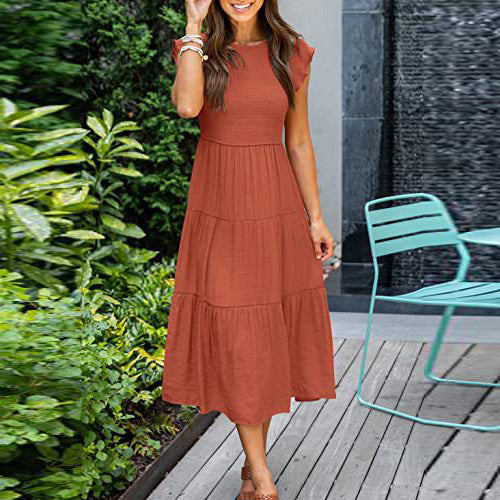 Summer Women Casual Boho Cap Sleeve Mid Length Short Sleeve Dress