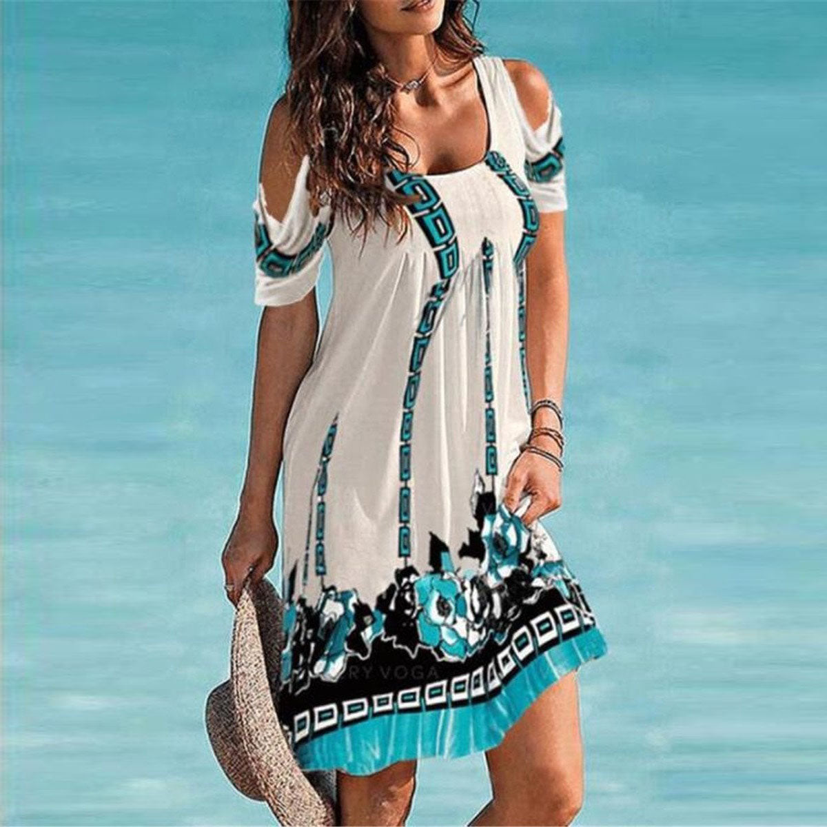 Women Fashion Sunflower 3d Digital Printing Casual Coo-Shoulder U Neck Dress