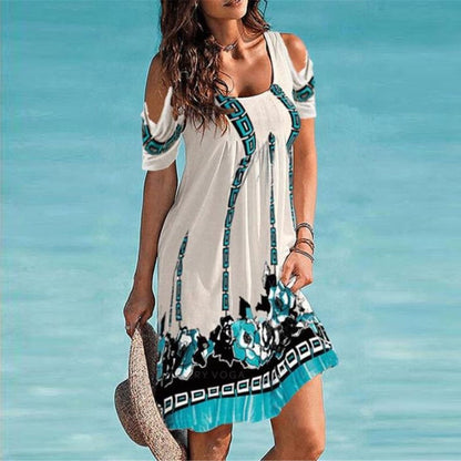 Women Fashion Sunflower 3d Digital Printing Casual Coo-Shoulder U Neck Dress