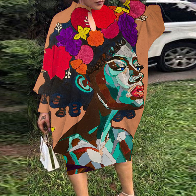 Mid-Length Women Casual Loose Long-Sleeved Graphic Print Dolman Sleeve Dress