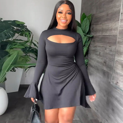 Women Casual Fashion Round Neck Long Sleeve Slit Solid Color Sexy Cut Out Dress