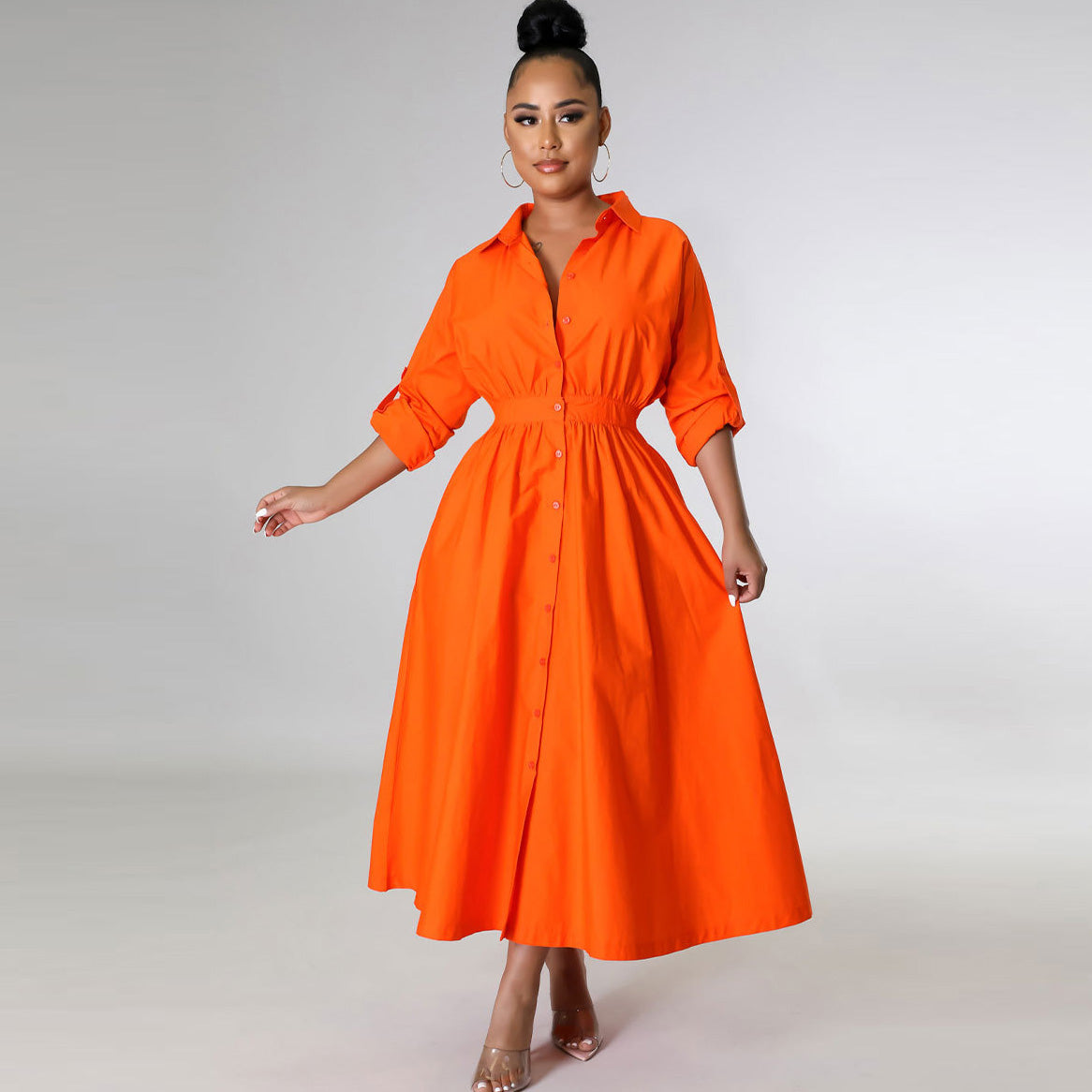 Elegant Women Casual Long-Sleeved Solid Color Maxi Shirt Dress