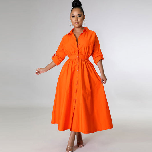 Elegant Women Casual Long-Sleeved Solid Color Maxi Shirt Dress