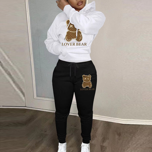 Conjunto deportivo informal para mujer, sudadera y pantalones con capucha y estampado de oso, para otoño e invierno