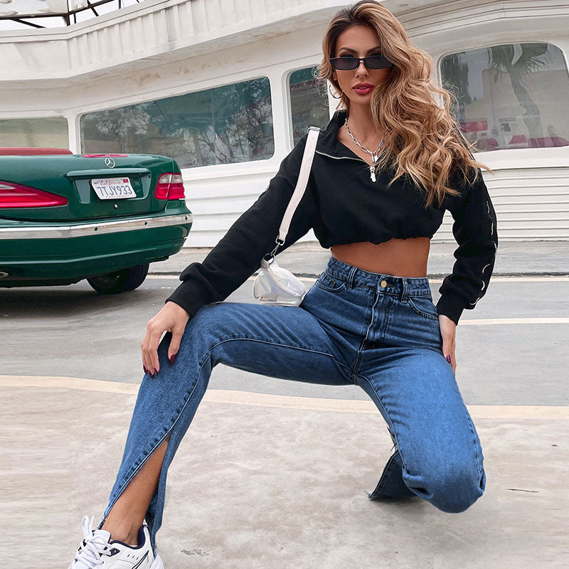 Women Fashion Casual High Waist Denim Trousers Spring Summer Side-Slit Basic Solid Straight Jeans