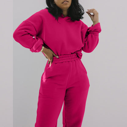 Conjunto deportivo informal de sudadera con capucha y pantalones de chándal de manga larga de color liso para mujer