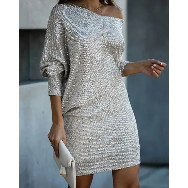 Elegante vestido de lentejuelas con cuello vuelto para mujer | Ideal para primavera/verano