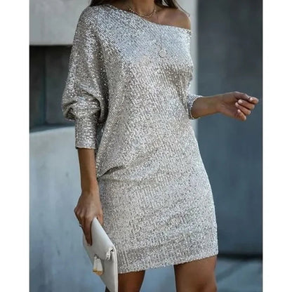 Elegante vestido de lentejuelas con cuello vuelto para mujer | Ideal para primavera/verano