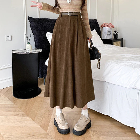 FashionSierra - 2025 New Autumn Winter Corduroy Womens Fashion High Waist Ball Gown Korean Ladies Casual Long Skirt