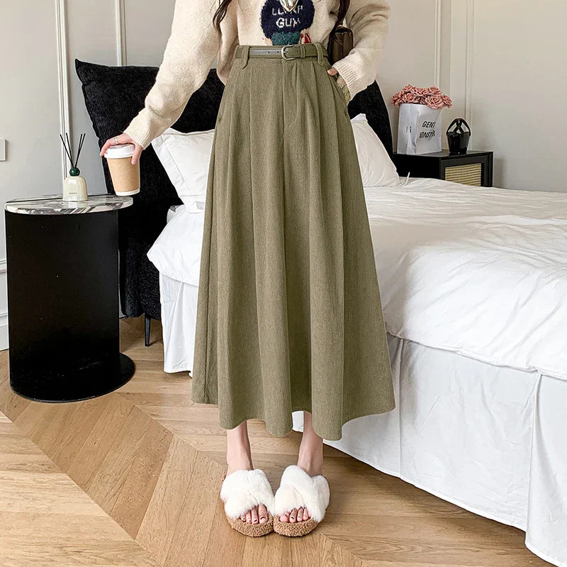 FashionSierra - 2025 New Autumn Winter Corduroy Womens Fashion High Waist Ball Gown Korean Ladies Casual Long Skirt