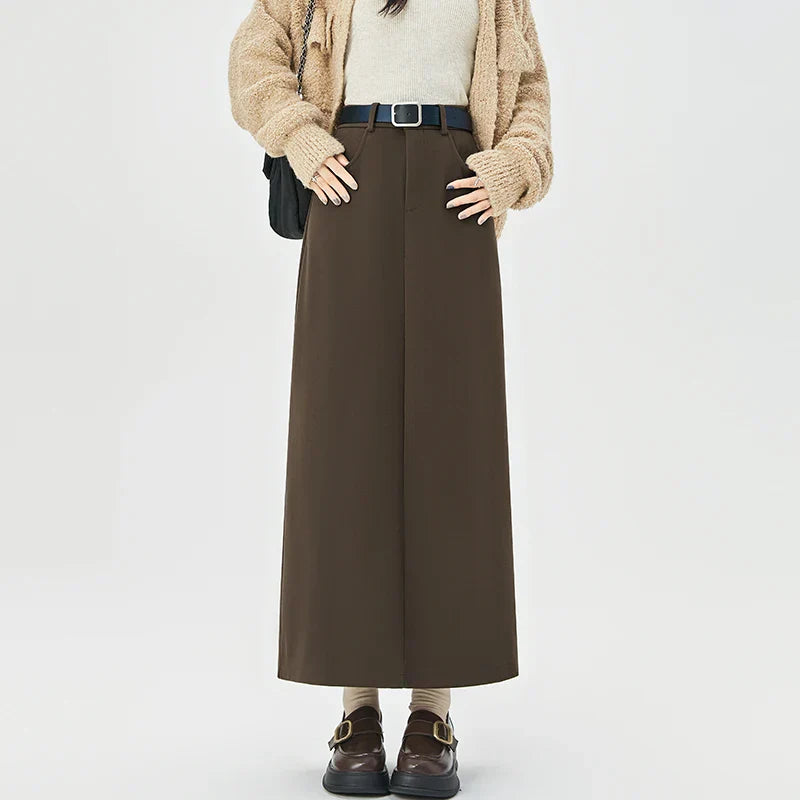 2025 New Autumn Winter Wool Blend Long Womens Fashion High Waist A-line Midi Ladies Elegant Woolen Skirt