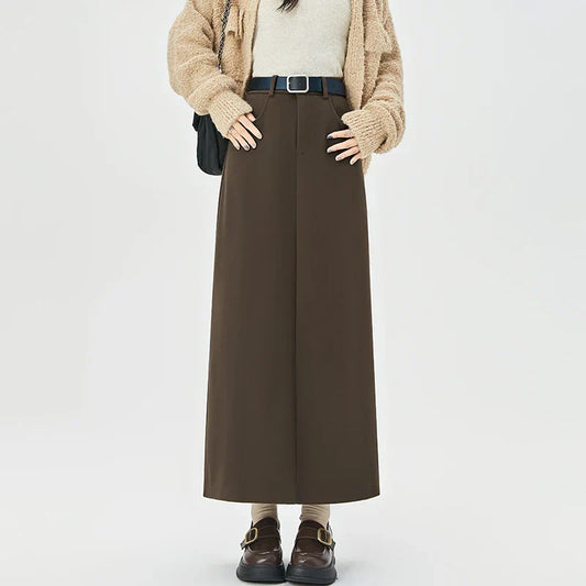 2025 New Autumn Winter Wool Blend Long Womens Fashion High Waist A-line Midi Ladies Elegant Woolen Skirt