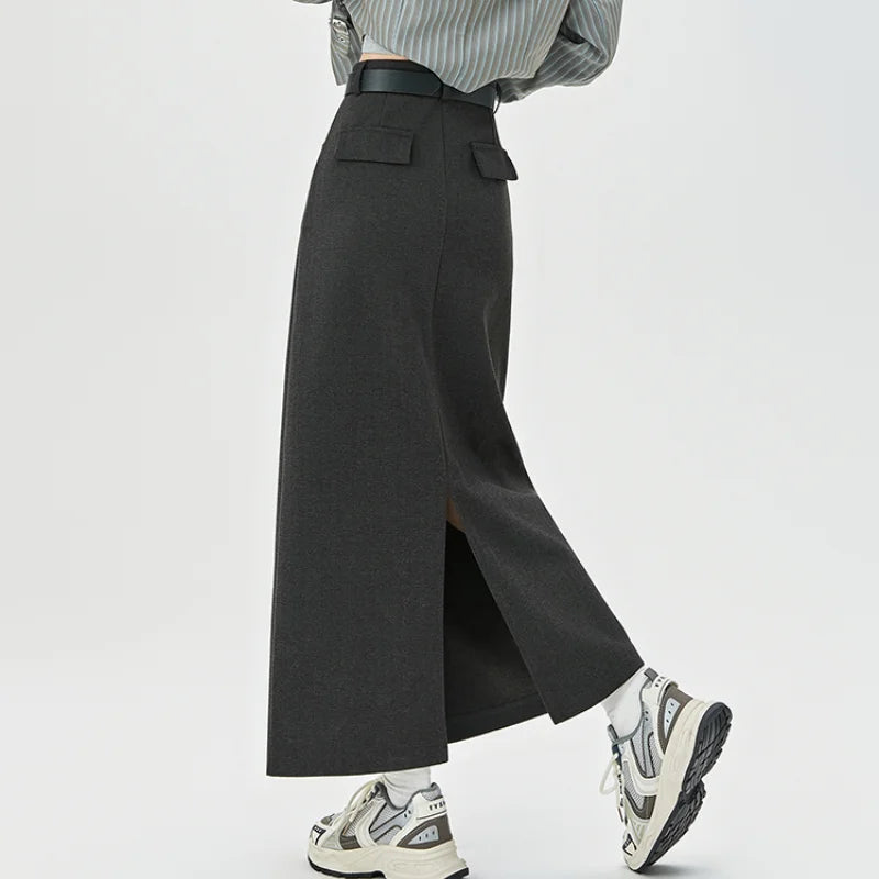 2025 New Autumn Winter Wool Blend Long Womens Fashion High Waist A-line Midi Ladies Elegant Woolen Skirt
