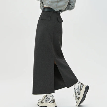2025 New Autumn Winter Wool Blend Long Womens Fashion High Waist A-line Midi Ladies Elegant Woolen Skirt
