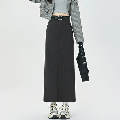 2025 New Autumn Winter Wool Blend Long Womens Fashion High Waist A-line Midi Ladies Elegant Woolen Skirt