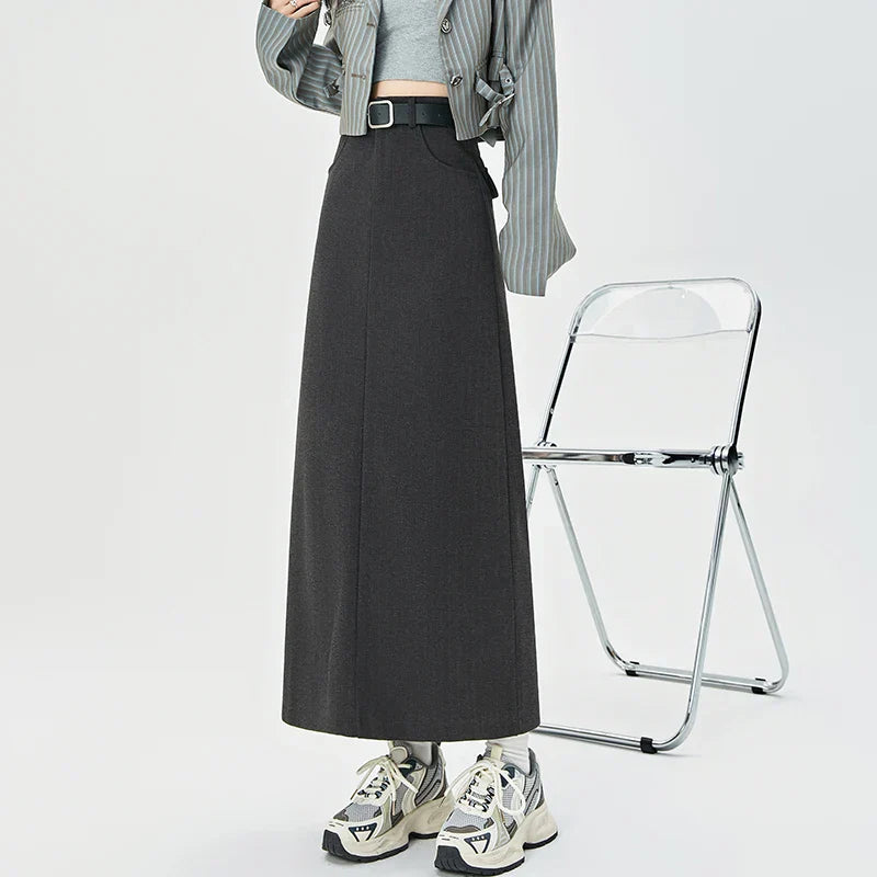 2025 New Autumn Winter Wool Blend Long Womens Fashion High Waist A-line Midi Ladies Elegant Woolen Skirt