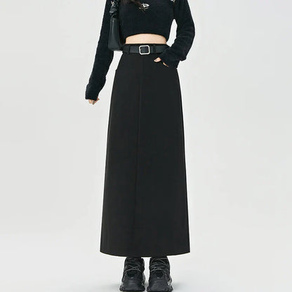 2025 New Autumn Winter Wool Blend Long Womens Fashion High Waist A-line Midi Ladies Elegant Woolen Skirt