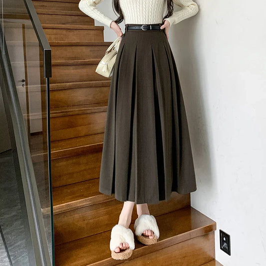 FashionSierra - 2025 New Autumn Winter Woolen Women Long High Waist A-line Pleated Korean Style Ladeis Wool Midi Skirt