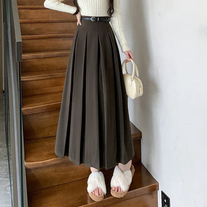 FashionSierra - 2025 New Autumn Winter Woolen Women Long High Waist A-line Pleated Korean Style Ladeis Wool Midi Skirt