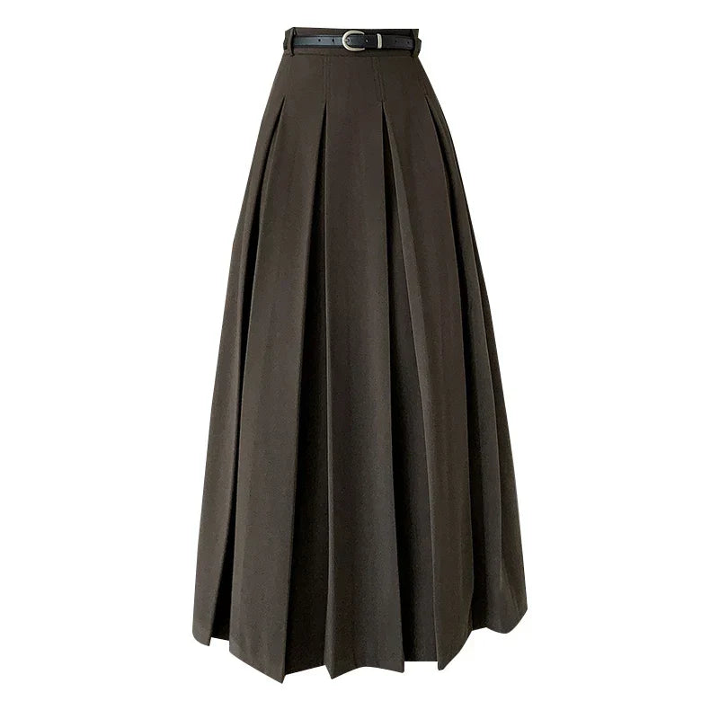 FashionSierra - 2025 New Autumn Winter Woolen Women Long High Waist A-line Pleated Korean Style Ladeis Wool Midi Skirt