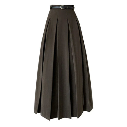 FashionSierra - 2025 New Autumn Winter Woolen Women Long High Waist A-line Pleated Korean Style Ladeis Wool Midi Skirt