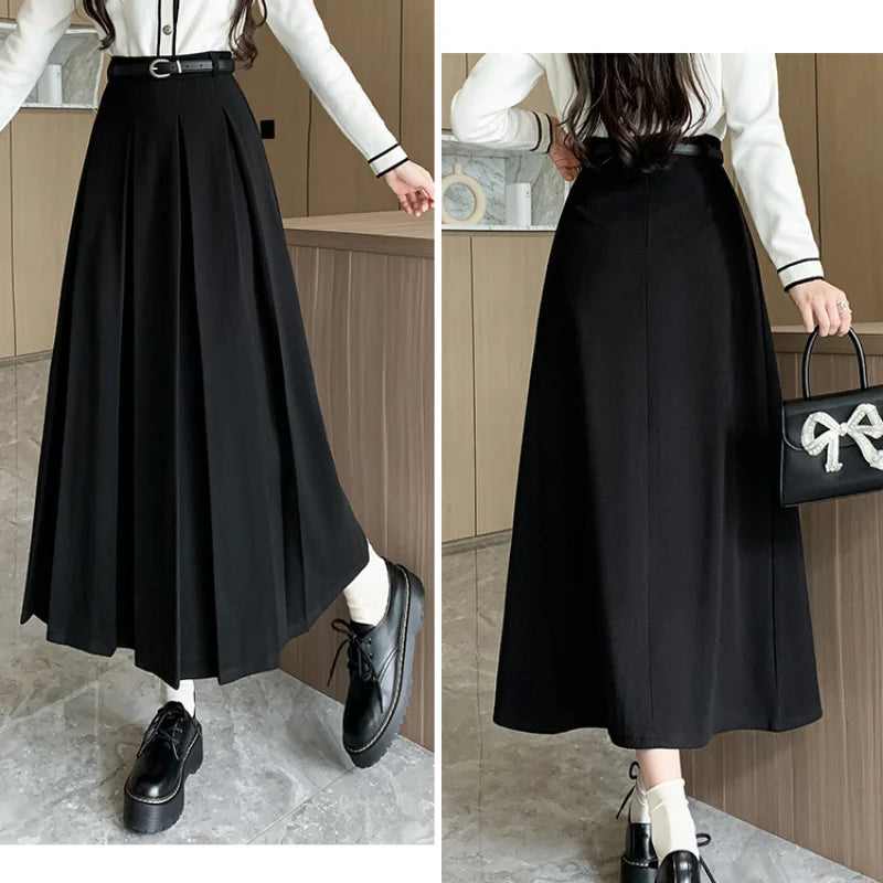 FashionSierra - 2025 New Autumn Winter Woolen Women Long High Waist A-line Pleated Korean Style Ladeis Wool Midi Skirt