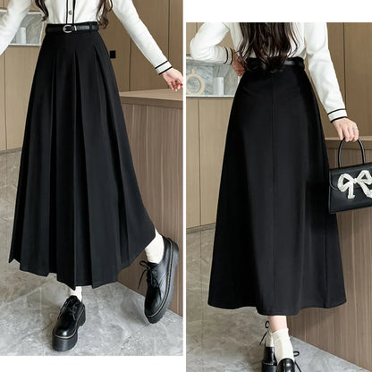 FashionSierra - 2025 New Autumn Winter Woolen Women Long High Waist A-line Pleated Korean Style Ladeis Wool Midi Skirt