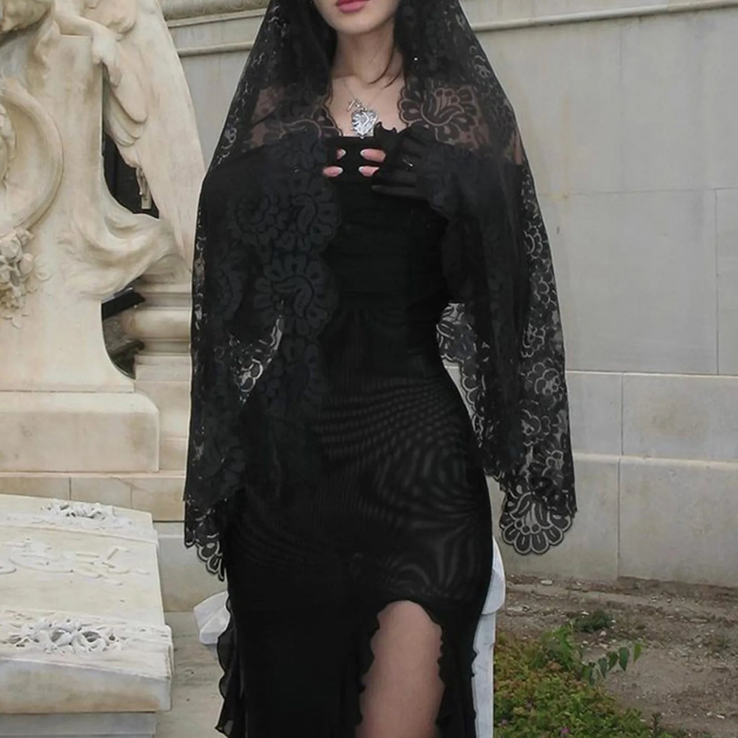 FashionSierra - 2025 New European And American Gothic Dark Fashion Man Slim One Shoulder Mesh Long Women Casual Summer Dress