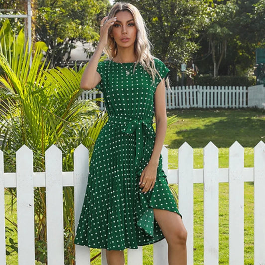 2025 New Summer Polka Dots Sleeveless Pleated For Women High Waist Elegant Office Green Lady Dinner Party Clothes Midi Dress