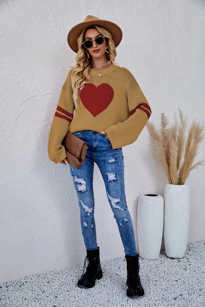 2025 New Winter Women's Loose Round Neck Knitted Pullover Love Long-sleeve Sweater