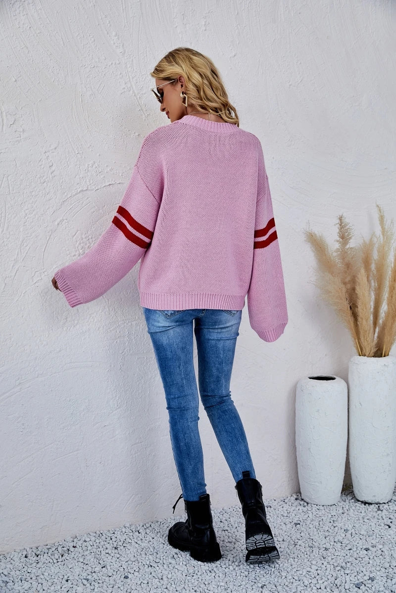 2025 New Winter Women's Loose Round Neck Knitted Pullover Love Long-sleeve Sweater