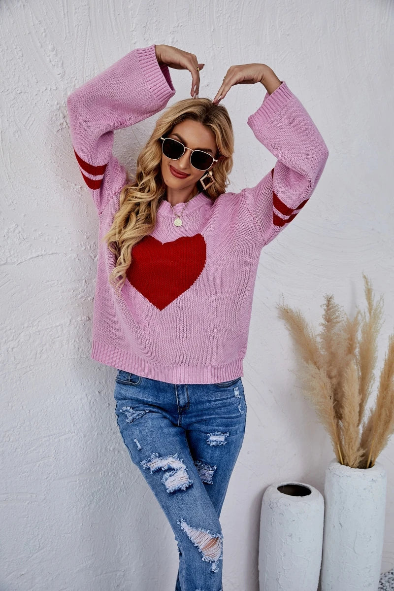 2025 New Winter Women's Loose Round Neck Knitted Pullover Love Long-sleeve Sweater