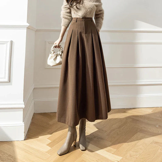 FashionSierra - 2025 New Winter Woolen Long Womens Fashion High Waist Ball Gown Pleated Korean Style Ladies Wool Skirt