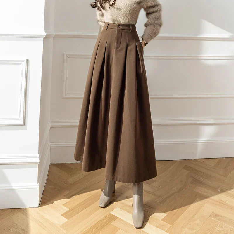 FashionSierra - 2025 New Winter Woolen Long Womens Fashion High Waist Ball Gown Pleated Korean Style Ladies Wool Skirt