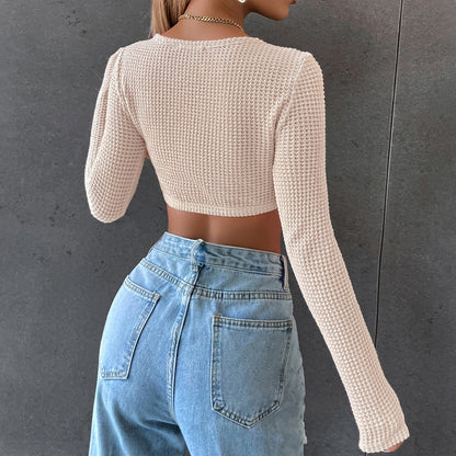 DressBetty - Long Sleeve Square Neck Knitted Crop Top Women Y2k Sexy T Shirts