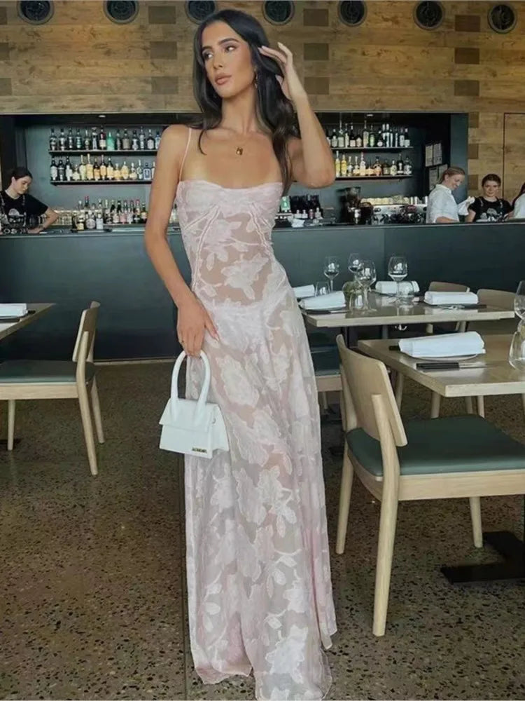 2025 Summer New Dresses For Women Spaghetti Strap Lace Hollow Out Low Cut Sexy A-lin Long Dress Beach Vacation Fashion Vestidos