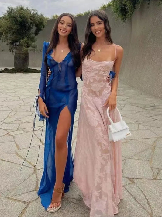 2025 Summer New Dresses For Women Spaghetti Strap Lace Hollow Out Low Cut Sexy A-lin Long Dress Beach Vacation Fashion Vestidos