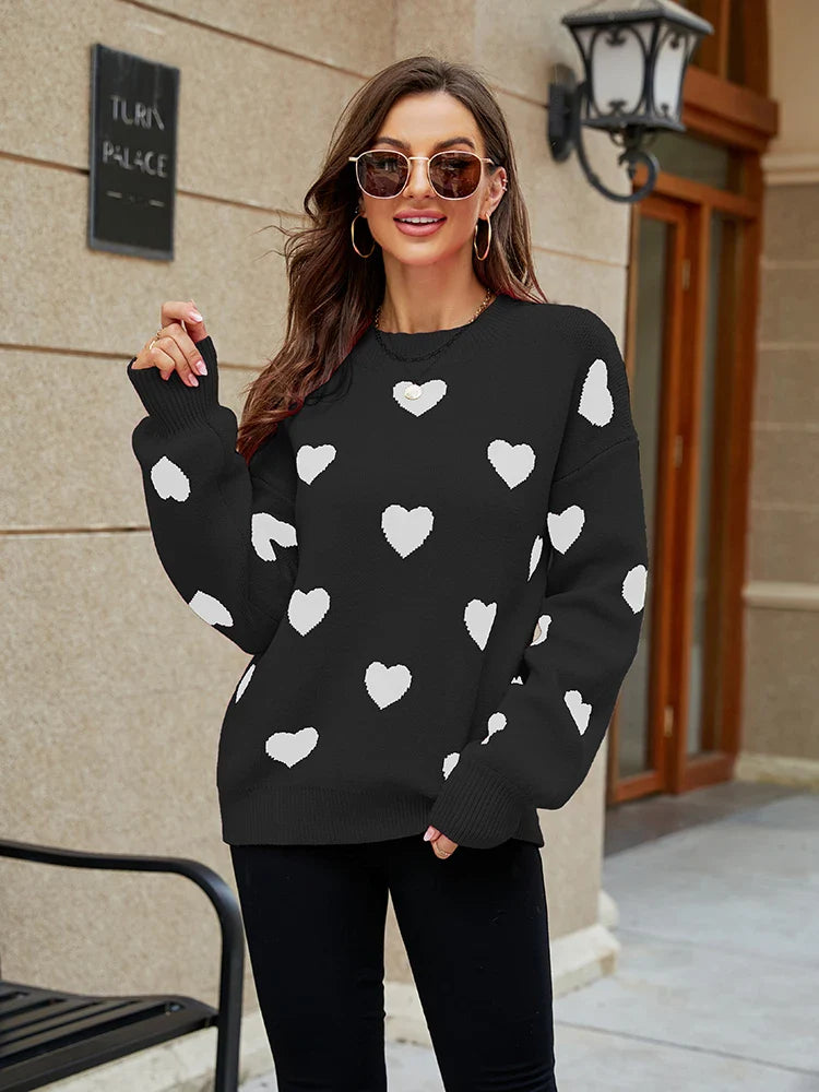 2025 Winter New Love Pullover Round Neck Long Sleeve Knitted Women's Loose Casual Sweater