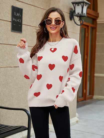 2025 Winter New Love Pullover Round Neck Long Sleeve Knitted Women's Loose Casual Sweater