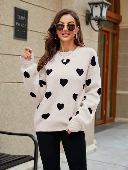 2025 Winter New Love Pullover Round Neck Long Sleeve Knitted Women's Loose Casual Sweater