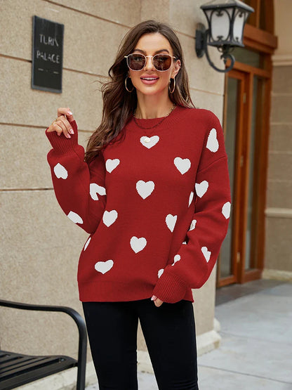 2025 Winter New Love Pullover Round Neck Long Sleeve Knitted Women's Loose Casual Sweater