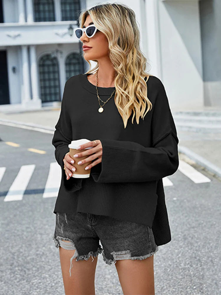 2025 Winter New Round Neck Women's Christmas Bell Sleeve Solid Color Casual Pullover Sweater